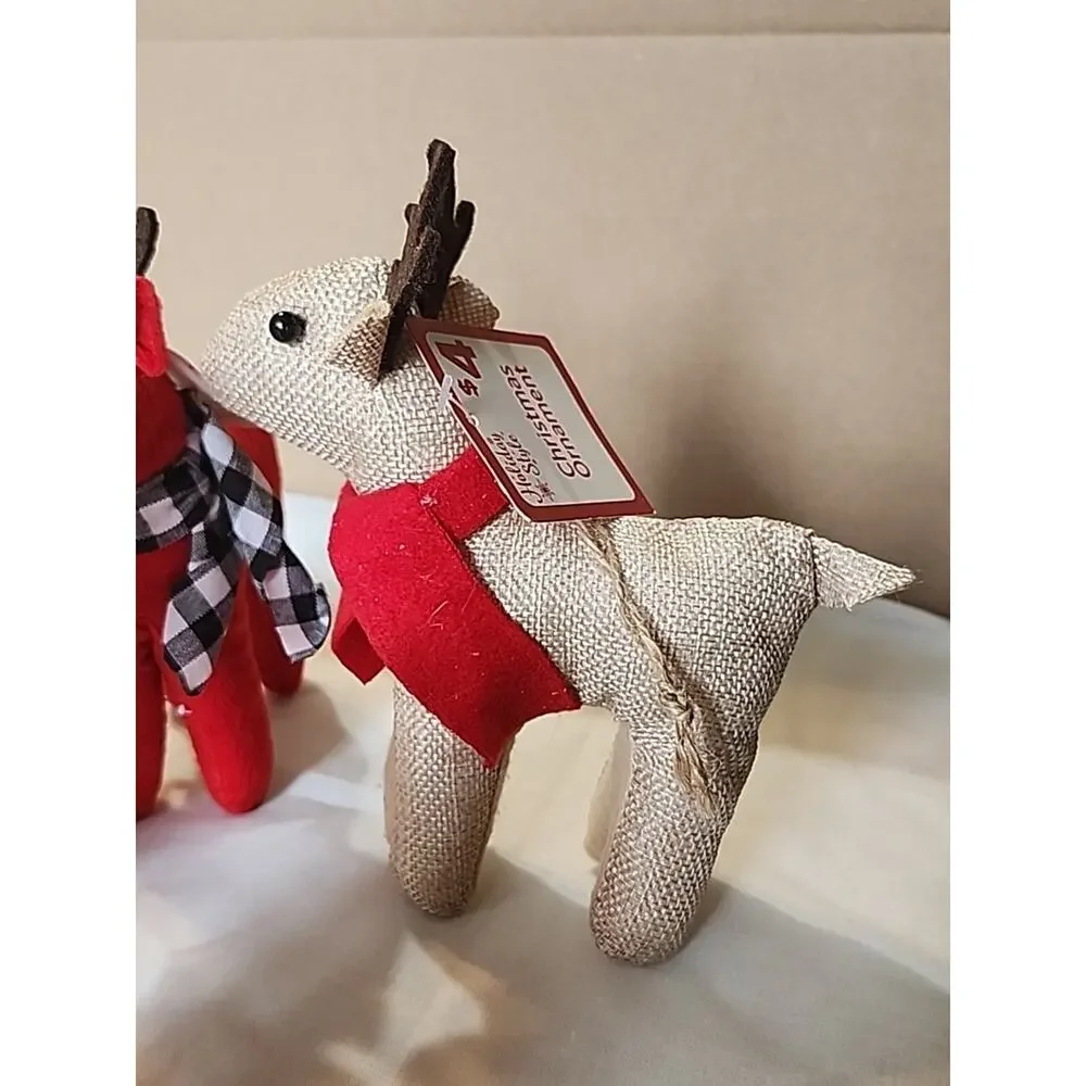 4 Home Style Christmas Reindeer Ornaments Felt Red Burlap Plush 6